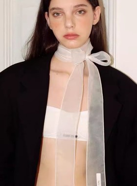 春夏新款韩版时髦小众高级感欧根纱透视长款丝巾纯色飘带发带