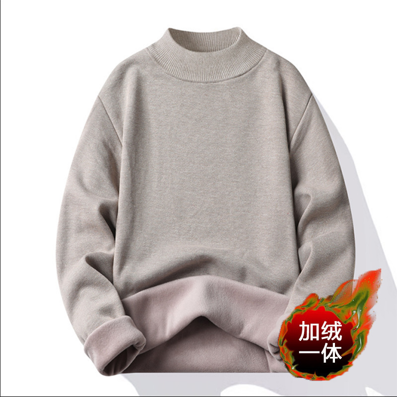 半高领毛衣男加绒加厚纯色宽松休闲一体绒保暖针织打底衫男