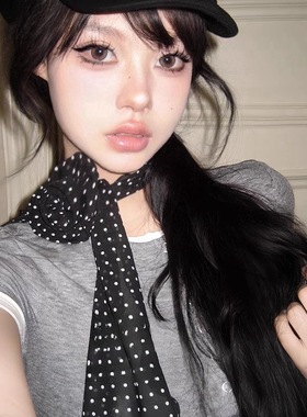 复古黑色波点玫瑰长条丝巾ins风y2k辣妹飘带文艺风百搭高级感