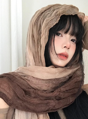民族风丝巾女废土风亚麻褶皱渐变头巾沙漠凹造型辣妹围脖披肩