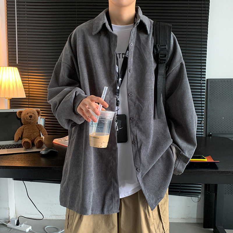 灯芯绒外套男长袖潮流灰色春秋港风衬衫韩版网红痞帅衬衣复古