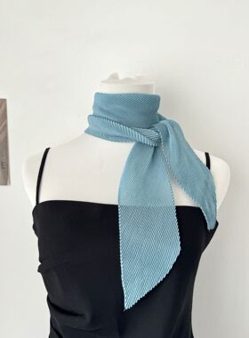 韩国春夏百搭压皱纯色长条丝巾女洋气发带气质领巾绑包护颈小