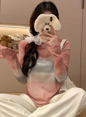 2025夏季百搭晕染网纱显瘦长袖防晒衫女新款辣妹外穿褶皱打底衫