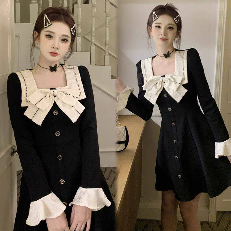 大码微胖女生法式蝴蝶结显瘦连衣连衣裙