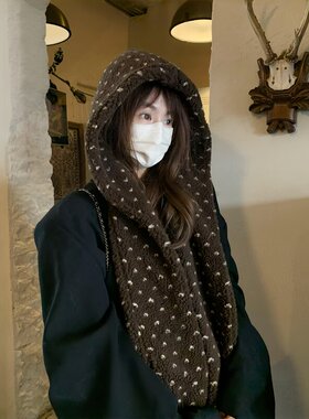 帽子围巾一体韩系波点帽保暖护耳包头帽冬季防寒保暖加厚连帽围脖
