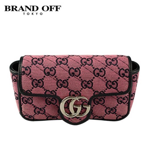 中古「9.0新」(古驰)GG MARMONT粉色/海军蓝GG帆布超迷你斜挎包