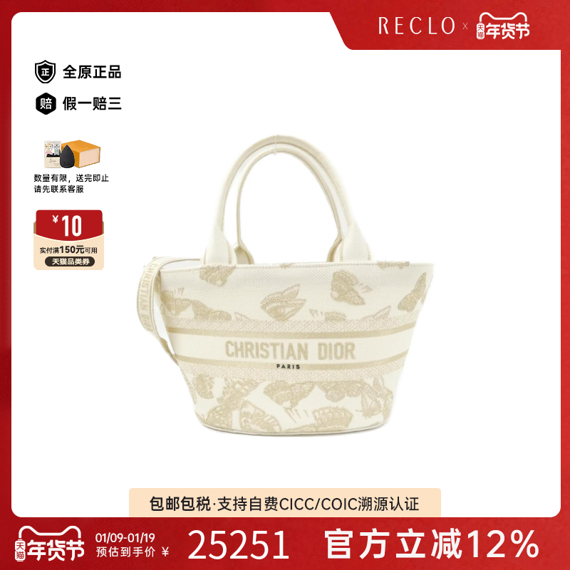 中古DIOR迪奥女包A级95新Panniers Chapeau刺绣菜篮子帆布斜挎包