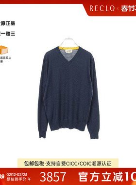 中古Hermes爱马仕男A级95新knit针织羊毛上衣蓝色reclo正品