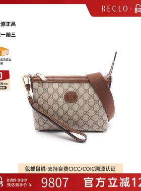 中古Gucci古驰女包S级99新2WAY两用款涂层/防水帆布斜挎包浅褐色