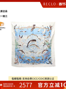 中古Hermes爱马仕女B级9新carres 90丝绸围巾/丝巾白色正品休闲