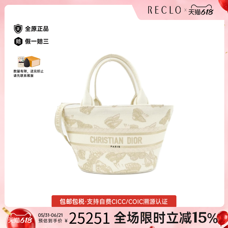 中古DIOR迪奥女包A级95新Panniers Chapeau刺绣菜篮子帆布斜挎包