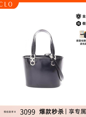 中古Ferragamo菲拉格慕女包B级9新Gancini博物館牛皮手提包黑色