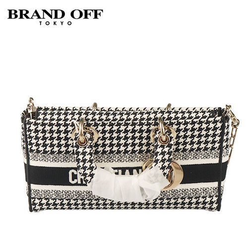 中古「9.0新」DIOR(迪奥)LADY D-JOY黑色/白色千鸟格纹刺绣斜挎包