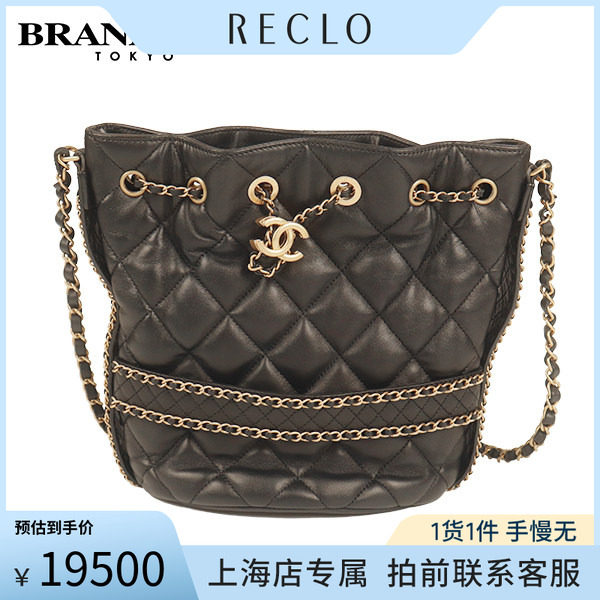 「9.0新」CHANEL(香奈儿)菱格链条抽绳水桶黑色羊皮斜挎包AS2252