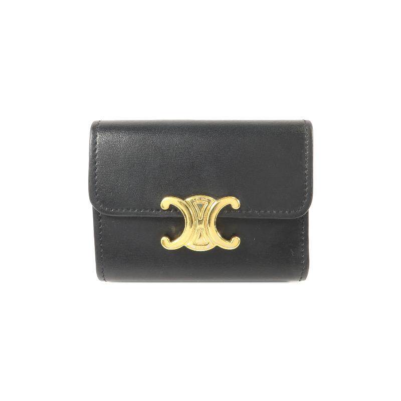 中古Celine赛琳女A级95新Triomphe凯旋门牛皮短钱包黑色