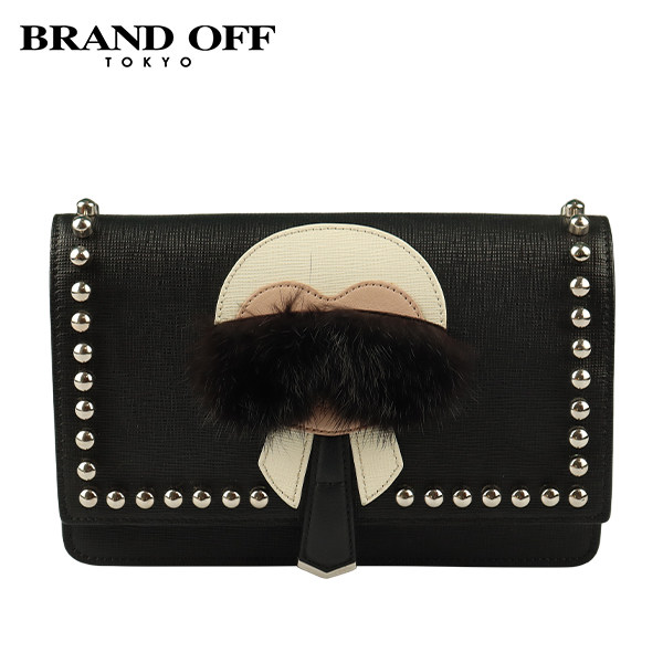 「9.0新」FENDI(芬迪) 老佛爷铆钉链条钱包黑色压纹牛皮链条钱包