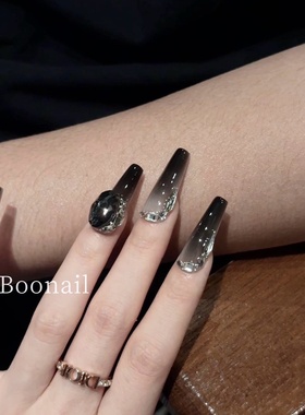 Boo007~手工穿戴甲黑色渐变闪钻暗黑辣妹高级感轻奢显白美甲长款