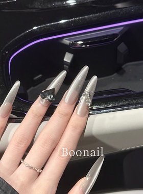 Boo沉沦~灰色猫眼手工穿戴甲高级感纯色简约显白轻奢美甲长款杏仁