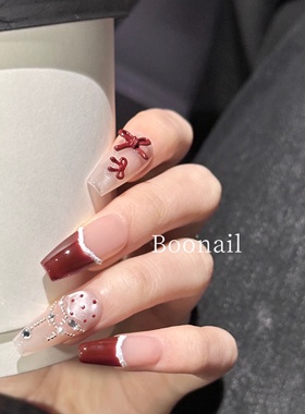 Boo红色恋歌~手工穿戴甲酒红色猫眼法式蝴蝶结显白高级感美甲短款