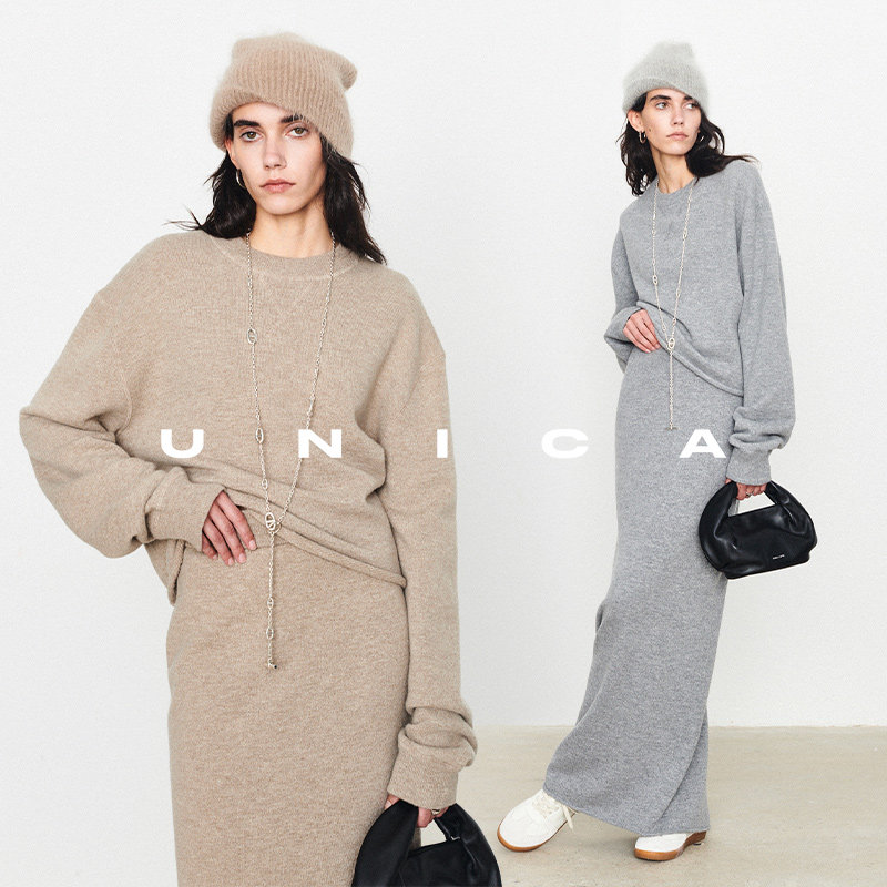UNICA/随性卷边万能_定纺羊绒羊毛鱼鳞针针织卫衣半裙套装