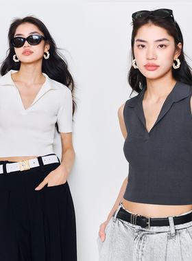 【惊喜五折】UNICA/清凉白厂丝真丝_运动时髦v领POLO衫针织T恤