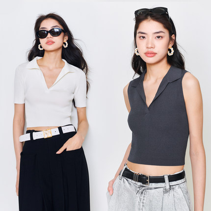 【惊喜五折】UNICA/清凉白厂丝真丝_运动时髦v领POLO衫针织T恤