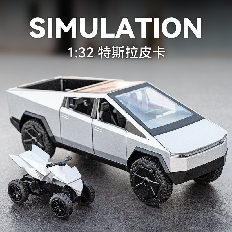 车致1:32特斯拉Cybertruck合金皮卡车模型开门声光回力带摩托玩具
