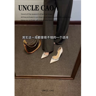 超软羊皮~侧空高跟鞋杏色御姐迷人尖头细高跟百搭不累脚浅口单鞋