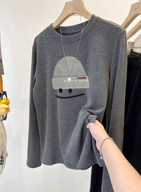 灰色磨毛长袖T恤女2025秋冬新款帽子笑脸印花百搭加绒打底上衣潮