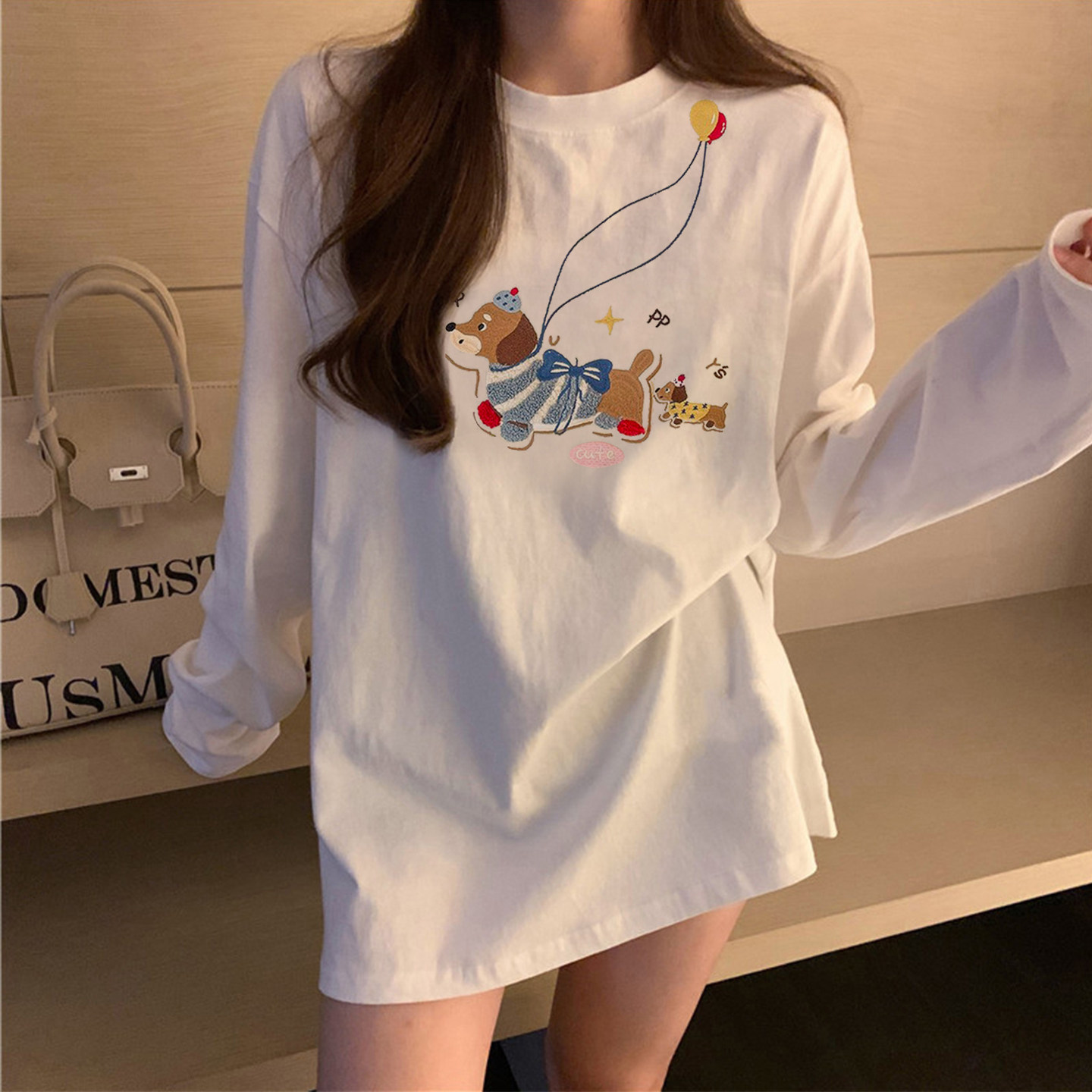 白色纯棉重磅长袖t恤女2025春秋新款宽松打底衫内搭卡通印花上衣