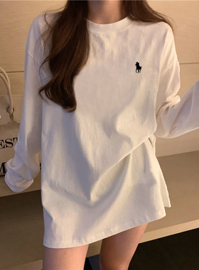 白色纯棉重磅长袖t恤女2025春秋新款宽松打底衫内搭印花上衣女装