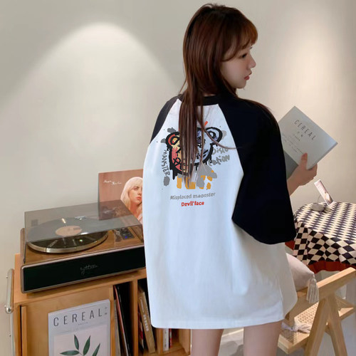 潮牌插肩短袖涂鸦熊印花T恤女