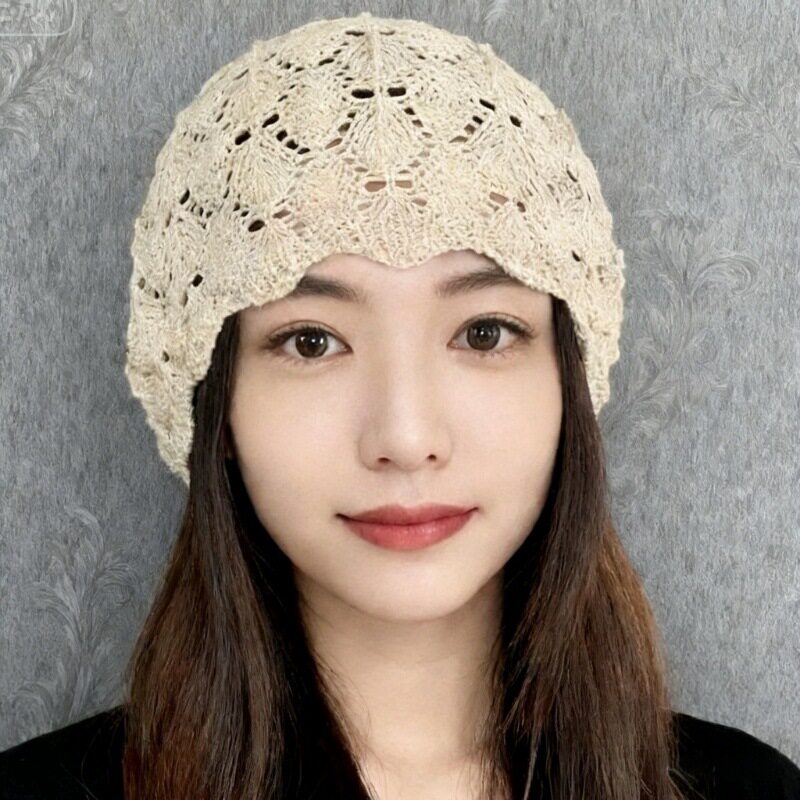 新款镂空针织时尚包头蕾丝花朵女士手工堆堆头巾帽子白发透气薄款