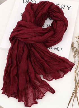 纯色棉麻褶皱围巾文艺复古丝巾女士秋冬百搭防寒围脖外搭防晒披肩