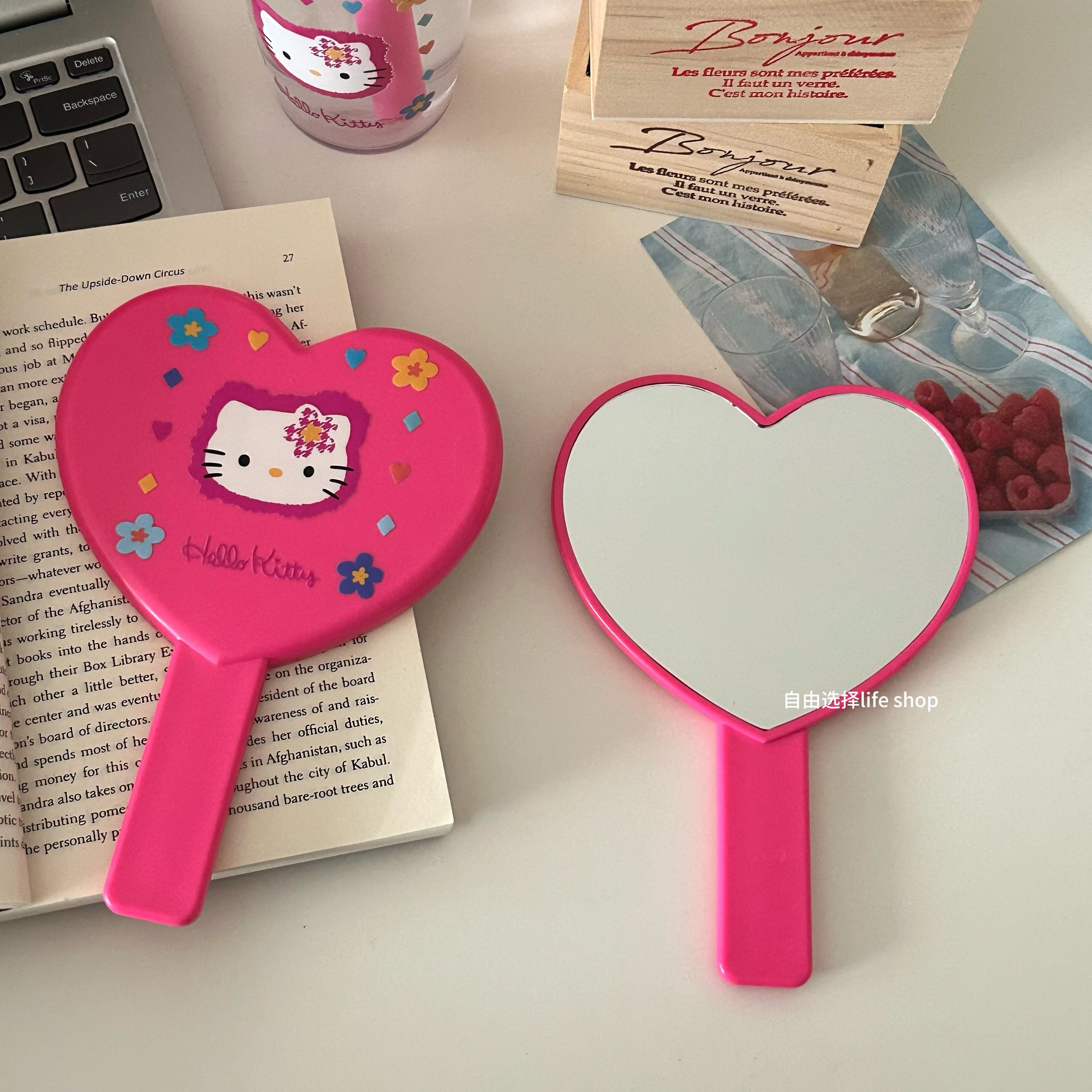 卡通高颜值爱心镜随身便携手持镜子女小巧化妆镜学生外出猫咪玫红