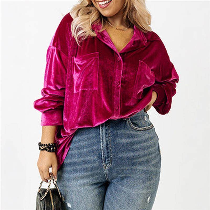 跨境欧美套胖mm上衣女秋季新款口袋简约翻领长袖丝绒大码衬衫