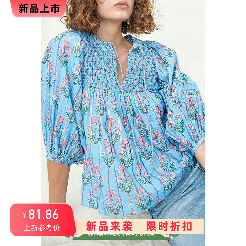 欧美时尚花卉印花V领雪纺衫女 2025春季新款小清新套头半袖上衣女
