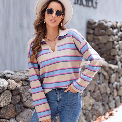 条纹套头毛衣女秋冬保暖舒适欧美新款立领长袖女式针织上衣