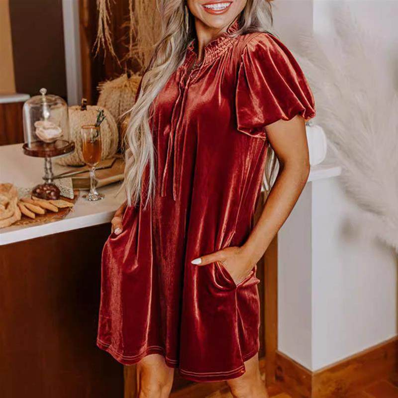 夏季新款纯色丝绒短裙女欧美简约百搭宽松遮肉连衣裙女一件代发