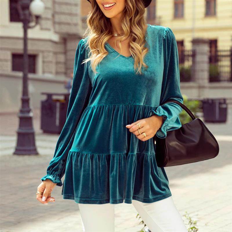 欧美休闲宽松纯色丝绒针织衫秋冬新款气质V领层次感套头衫女