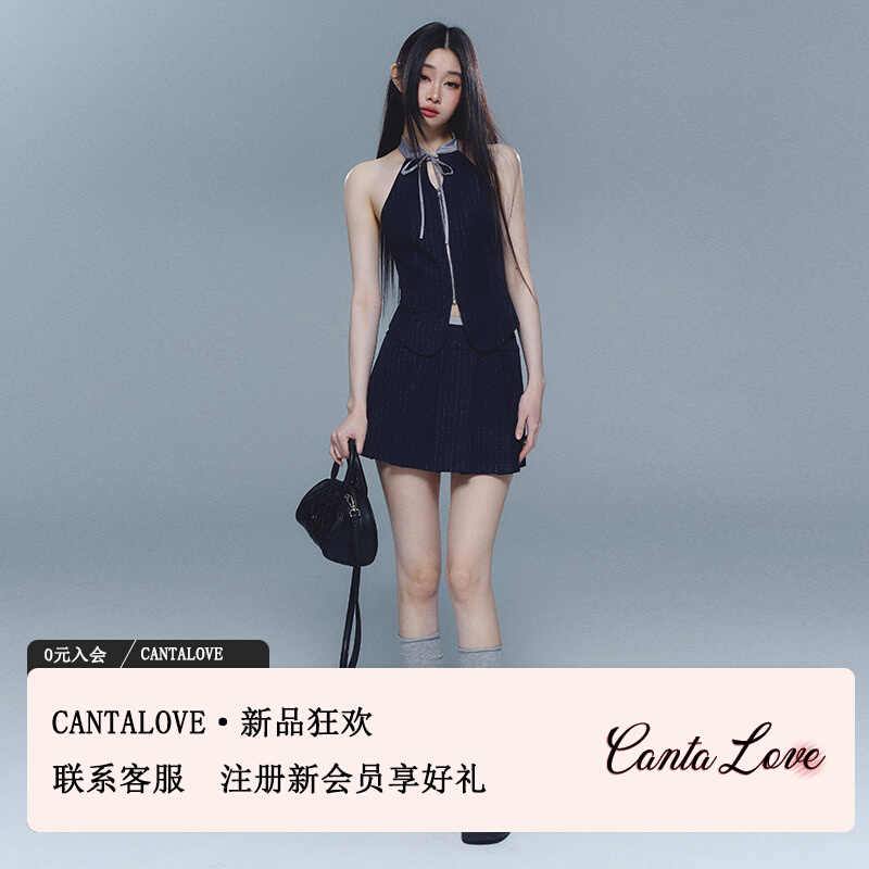 CANTA LOVE原创绑带蝴蝶结设计感藏青色上衣A字百褶半身裙套装女