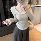 一折专区 MAMMJUDX蕾丝花边拼接长袖 针织衫 女秋冬新款 纯欲风收