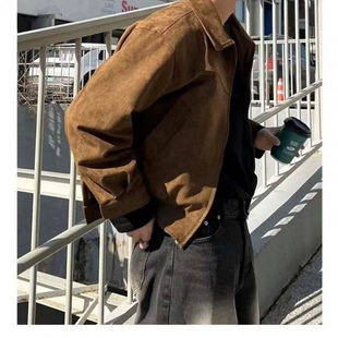 【一折专区】MAMMJUDX秋冬季韩国男装短款宽松翻领加绒拉链麂皮绒