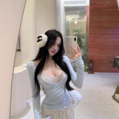 一折专区 MAMMJUDX纯欲褶皱紧身交叉长袖 收腰T恤女秋季 套装 蕾