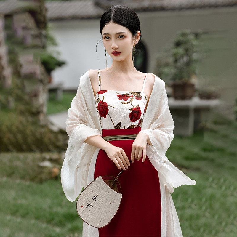 新中式女装宋制汉服女长干寺半袖对襟吊带旋裙改良褙子汉元素套装