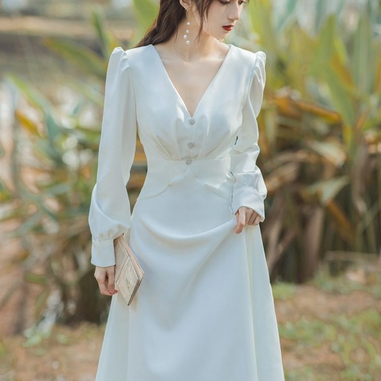 法式白色连衣裙春装女2023年复古轻婚纱小礼服日常领证登记小白裙