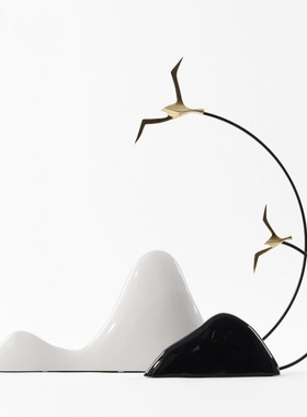 新中式黑白树脂假山艺术摆件玄关客厅书房装饰品样板房软装工艺品