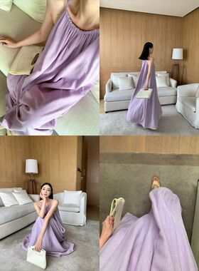 法式初恋温柔紫色挂脖吊带连衣裙夏季女度假风宽松显瘦A字长裙子