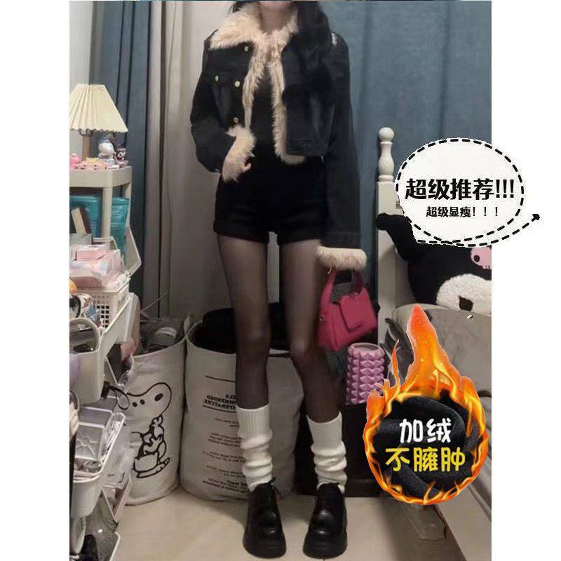 美式辣妹牛仔短裤女秋季加绒新款小个子黑色显瘦百搭包臀超短热裤