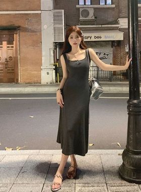 无袖气质修身显瘦吊带背心裙女辣妹外穿内搭灰色感连衣裙长裙女装